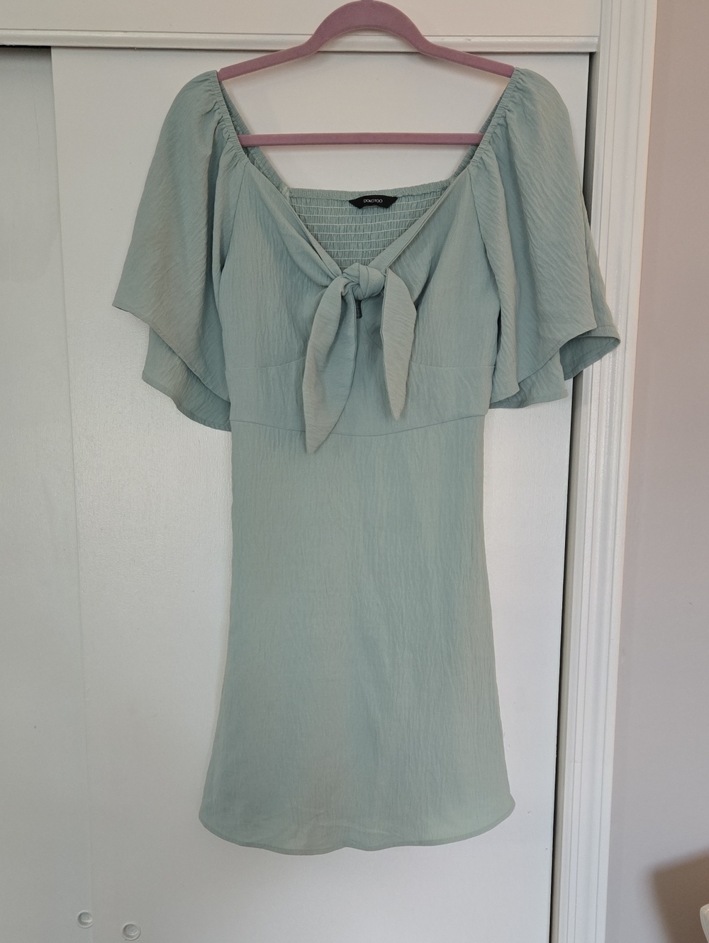 Dokotoo Seafoam Tie-Front Flutter Sleeve Mini Dress